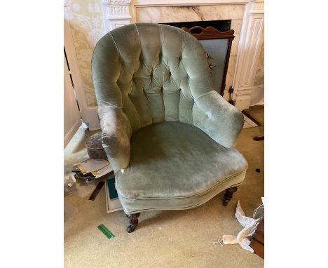 Victorian tub shaped button upholstered armchair, on reeded legs and castors, stamped to back legs89cm high, 73cm wide, appro