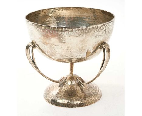 1930s Scottish Arts &amp; Crafts style silver pedestal dish, with three curved legs, on a domed pedestal base, all over spot 