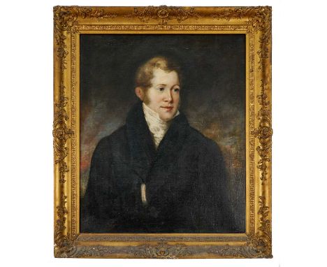 English School, early 19th century, oil on canvas - portrait of a Gentleman in black coat, 76cm x 63cm, in gilt frame 