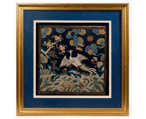 Chinese silkwork rank badge, rank of silver pheasant, 27 x 28cm, mounted as a blotter, in glazed gilt frameNot examined out o