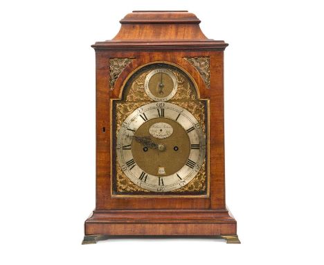 18th century mahogany cased bracket clock with arched gilt and silvered dial signed William Robins, London, strike/silent to 