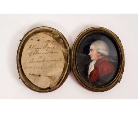 Late 18th century portrait miniature on ivory of a gentleman in profile named as R Vans Agnew, the oval portrait apparently u