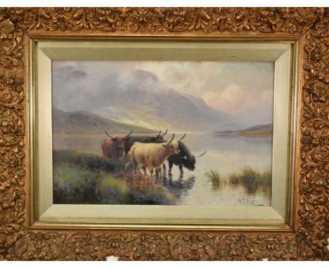 H. R. Hall (fl.c.1875-1902) early 20th century pair of oils on canvas - Highland Cattle, signed, inscribed verso, 30cm x 45.5