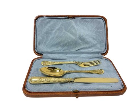 Late Victorian cased, 3 piece silver gilt christening set, comprising matching blue-bell pattern Knife, fork and spoon (Londo