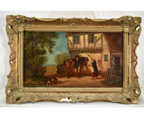 Thomas Smythe (1825-1906) oil on canvas - A gentleman and his horse by a farmhouse, his dog at a stream nearby, signed, 29cm 