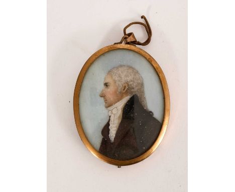 Early 19th century portrait miniature on ivory of a gentleman in profile, possibly one of the Vans Agnew family, oval 6.5 x 5