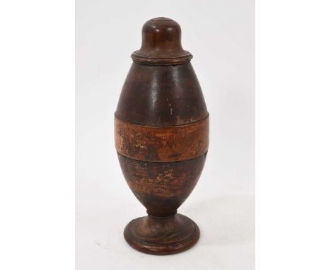 George III lignum vitae coffee grinder, with screw thread sections, the finial cap screwing off to access the grinding shaft,
