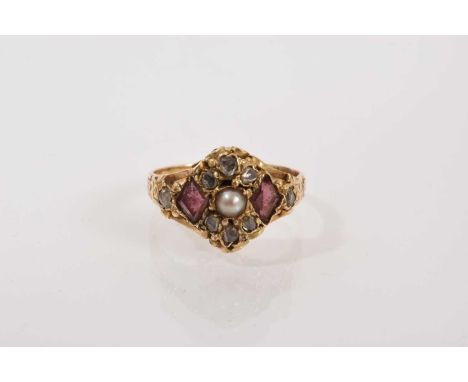 Victorian 15ct gold diamond, seed pearl and garnet cluster ring in gold setting on engraved gold shank, ring size K½.Good con
