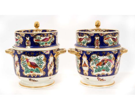 Pair of 19th century Crown Derby ice pails and covers, polychrome painted in the Worcester style with birds and insects on a 