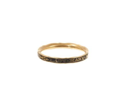 George III enamel mourning ring, the gold and black enamel band with lettering "Lady Mary Menzies Died 30 Decem 1773", ring s