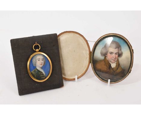 Two portrait miniatures on ivory, the first an early 18th century oval portrait of a gentleman in wig and green coat with gil