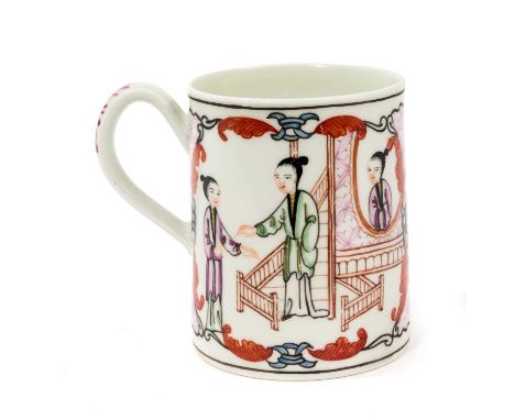 A Worcester mug, circa 1765, of slightly tapered form with grooved handle, painted in the Mandarin style on both sides with t