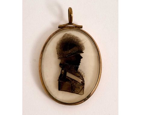 George III reverse painted silhouette / locket on glass, depicting an officer of the Ayrshire Yeomanry, wearing a Tarleton he