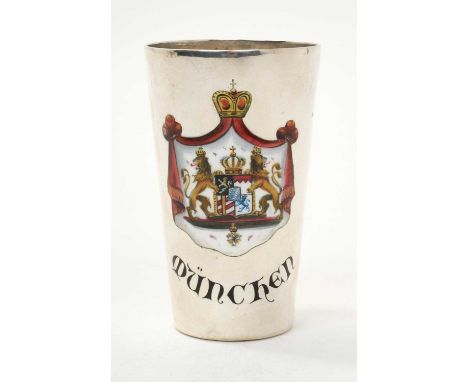 Good quality Late 19th/early 20th century German silver and enamel beaker of tapered form, with enamelled shield of the State