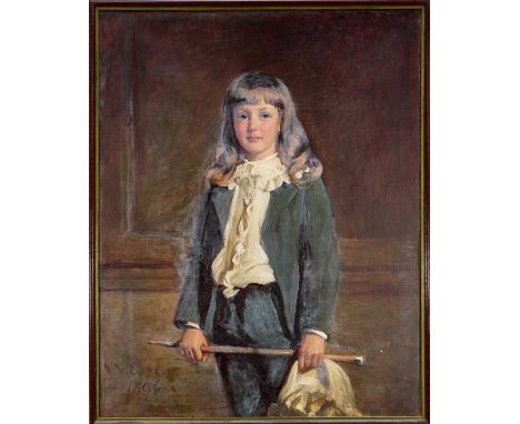 English School, late 19th century oil on canvas - Portrait of a Child with a cane, signed W.E.M. 1894, 97cm x 76cm, framed