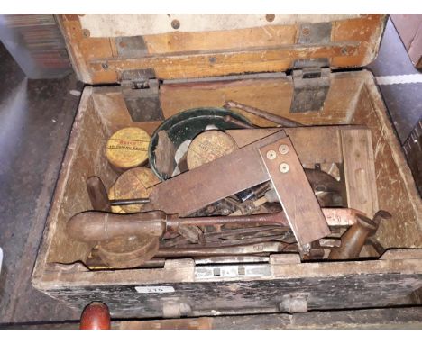 A wooden box of tools including soldering items, t squares etc 