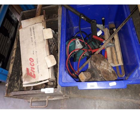 2 boxes of tools including 2 ton hydraulic jack, jump leads and a hammer drill 