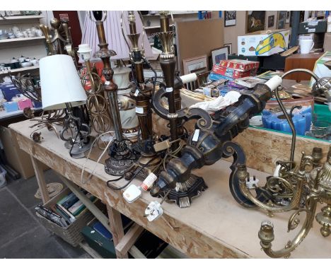 A collection of various reproduction table lamps, two chandelier ceiling light fittings including brass, metal lug holder, br