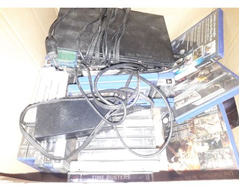 A box containing Playstation 2 console and games 