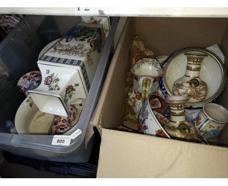 Two boxes of assorted ceramics including a Poole jug, oriental pottery, Masons Ironstone etc. 