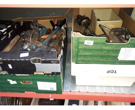 4 boxes of tools including lathe pats, cutting tools, brace and bit drills, torches, inspection lights etc 