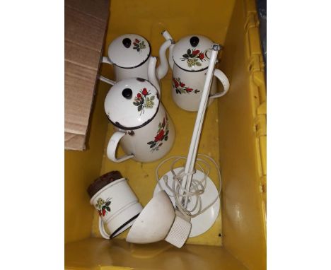 A box including anglepoise lamp, bargeware style teapots 