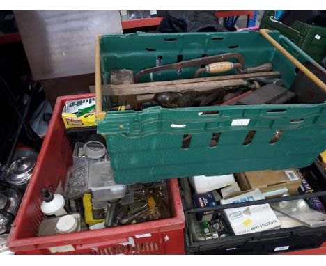 Three crates of mixed tools, garage and hardware 