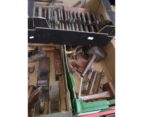 3 boxes of wood related tools - rebate planes, wooden mallet, planes etc 