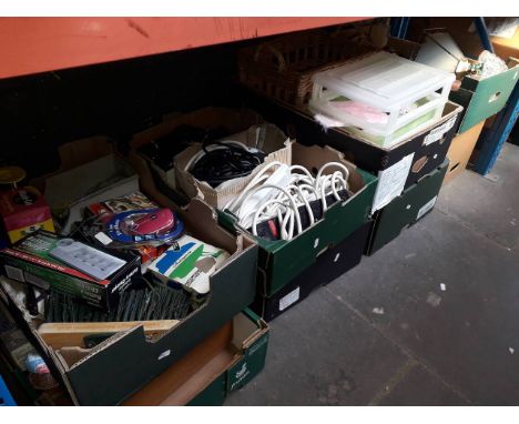 8 boxes of misc items - brush head, electrical extension leads, small air compressor, sanding paper, craft items, wall clock,