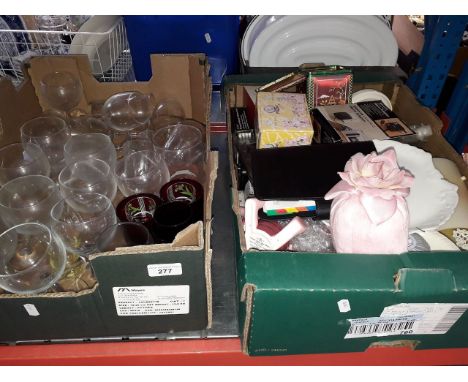 A box of glassware and a box of mixed pottery, ornaments, table lamp etc 