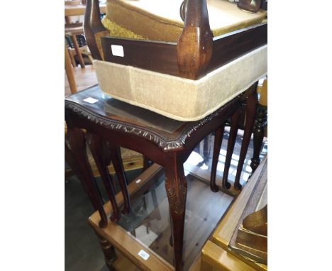 A nest of tables, two stools, a hostess trolley, demi lune table, a vintage trolley and a lamp 