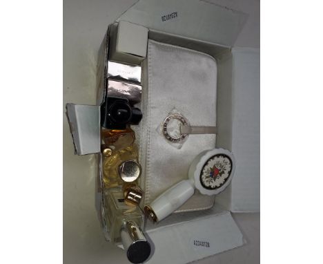 A box containg a vintage travel set, perfumes Versace etc.) and a compact lipstick 