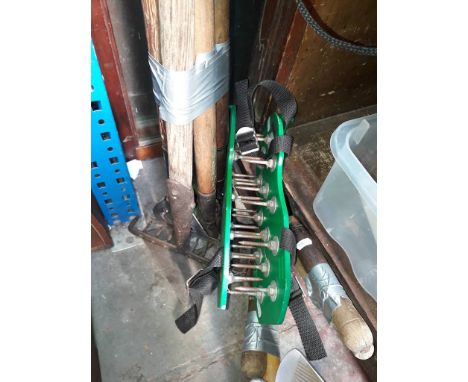 A bundle of vintage garden tools including lawn edger by C Whitehouse, Hedgehog tools logo, and a Bury hoe by A &amp; F Parke