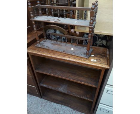 An oak bookcase and a spindle back wall shelf 