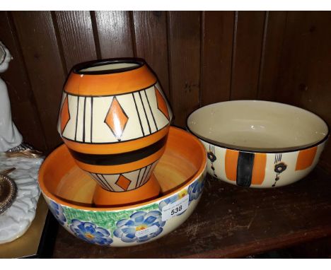 Clarice Cliff Bizarre vase (broken) and two Myott Art Deco bowlsCondition - vase cracked (see images), bowls ok, general wear