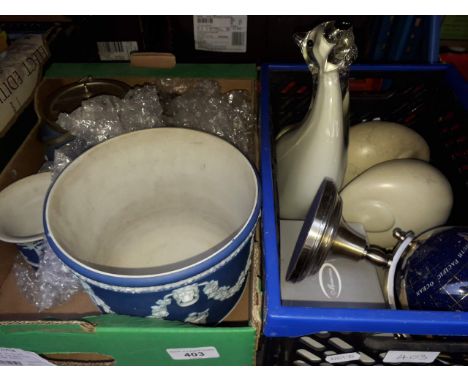 2 boxes of ceramics to include, Wedgwood, small elephants and a globe 