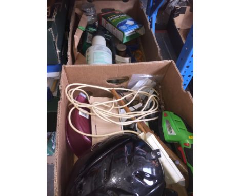 3 boxes of various garage items to include small hedge trimmer, childs helmet, extension lead, tools, screws etc.
