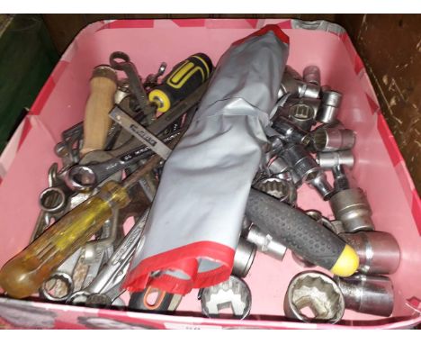 A combination spanner set and a box of tools etc. 