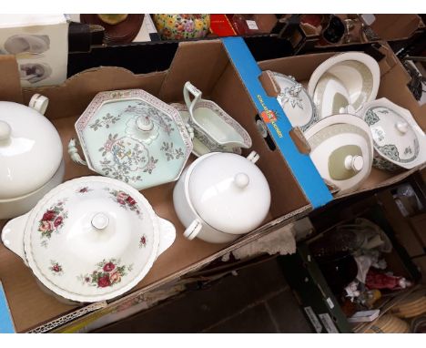 Two boxes of lided serving dishes to include Royal Doulton and J+G Meakin 
