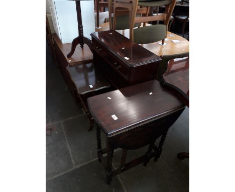 An oak drop leaf table, tripod table, magazine rack and a repro bookcase 