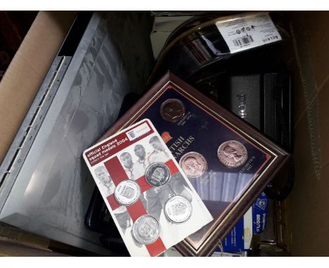 A box of misc including framed set of pre decimal pennies, camera, Hitachi dvd player, alarm clocks, Polaroid camera, radios 