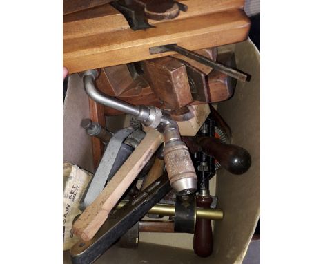 A box of wood working tools and a blowlamp 