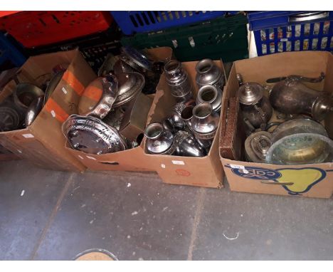 4 boxes of plated ware, stainless steel, brassware etc including outdoor carriage style lamp 