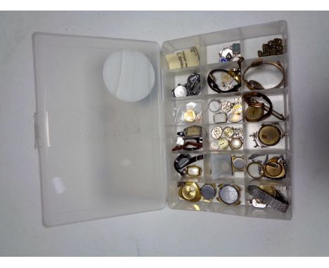 A box of lady's and gent's wrist watches and movements - Sekonda, Timex etc , silver charms, silver dress ring 