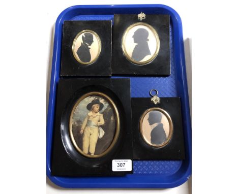 Three early 19th century silhouette portraits together with an antiquarian print of a boy   