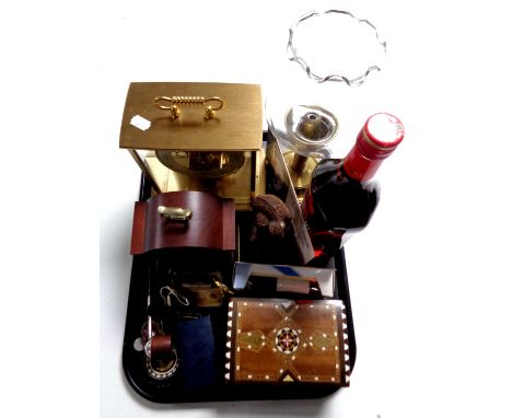 A tray containing inlaid wooden trinket box containing coins, wristwatches, yellow metal seed pearl stick pin, costume jewell