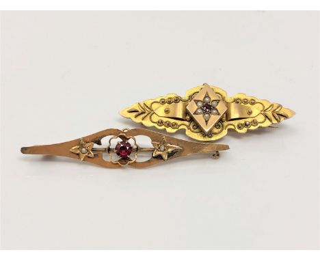 Two antique 9ct gold brooches set with ruby and pearls CONDITION REPORT: 6.3g gross