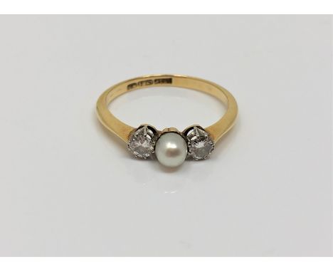 An 18ct gold pearl and diamond ring, size P.  CONDITION REPORT: 2.4g. 