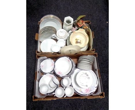 Two boxes containing Pagoda porcelain tea and dinner service, German white and gilt tea and dinner service, figurines, terren