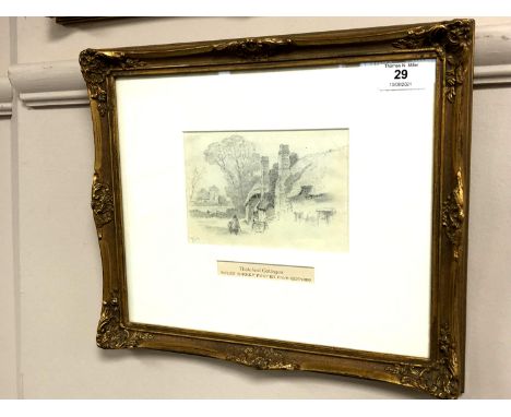 Myles Birket Foster : Thatched Cottages, pencil sketch, 16 cm x 11 cm, signed lower left, framed.